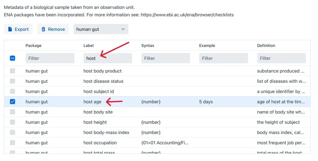 Sample metadata selection
